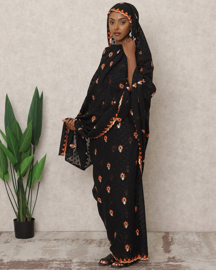 Black Traditional Sudanese Thobe with Orange Sunburst Voile Embroidery, 4.5 Mtrs Piece, Pure Cotton Fabric, Width 140 Cms, Made in India-D24457