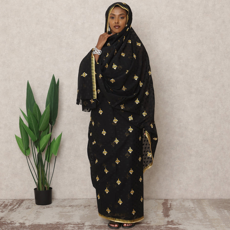 ثوب سوداني تقليدي أسود مطرز بزخارف ذهبية، قطعة بطول 4.5 متر، مصنوع من القطن الخالص، عرض 140 سم، صنع في الهند - D24458