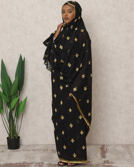 ثوب سوداني تقليدي أسود مطرز بزخارف ذهبية، قطعة بطول 4.5 متر، مصنوع من القطن الخالص، عرض 140 سم، صنع في الهند - D24458