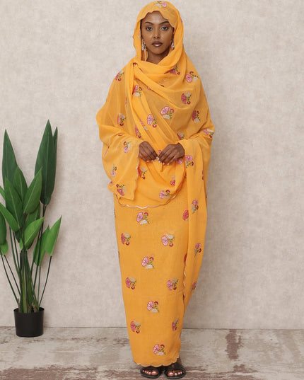 Mustard Yellow Traditional Sudanese Thobe with Pink and Gold Floral Voile Embroidery, 4.5 Mtrs Piece, Pure Cotton Fabric, Width 140 Cms, Made in India-D24468