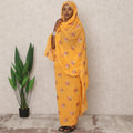 Mustard Yellow Traditional Sudanese Thobe with Pink and Gold Floral Voile Embroidery, 4.5 Mtrs Piece, Pure Cotton Fabric, Width 140 Cms, Made in India-D24468