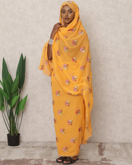 Mustard Yellow Traditional Sudanese Thobe with Pink and Gold Floral Voile Embroidery, 4.5 Mtrs Piece, Pure Cotton Fabric, Width 140 Cms, Made in India-D24468
