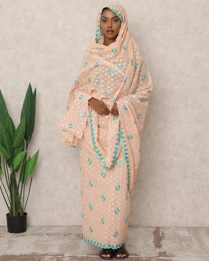 Peach Traditional Sudanese Thobe with Aqua Blue Voile Embroidery, 4.5 Mtrs Piece, Pure Cotton Fabric, Width 140 Cms, Made in India-D24470