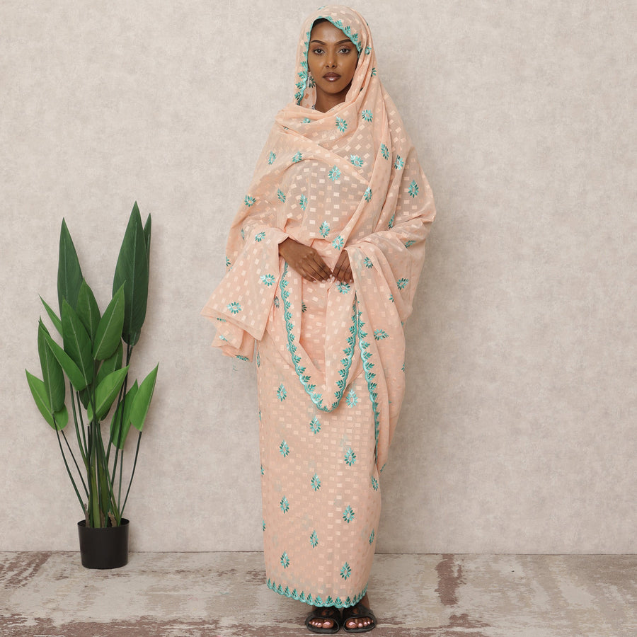 Peach Traditional Sudanese Thobe with Aqua Blue Voile Embroidery, 4.5 Mtrs Piece, Pure Cotton Fabric, Width 140 Cms, Made in India-D24470