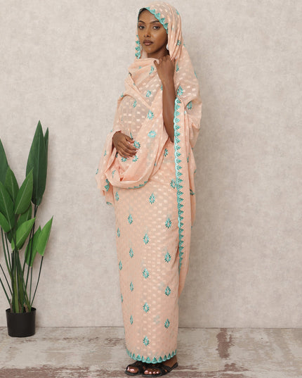Peach Traditional Sudanese Thobe with Aqua Blue Voile Embroidery, 4.5 Mtrs Piece, Pure Cotton Fabric, Width 140 Cms, Made in India-D24470