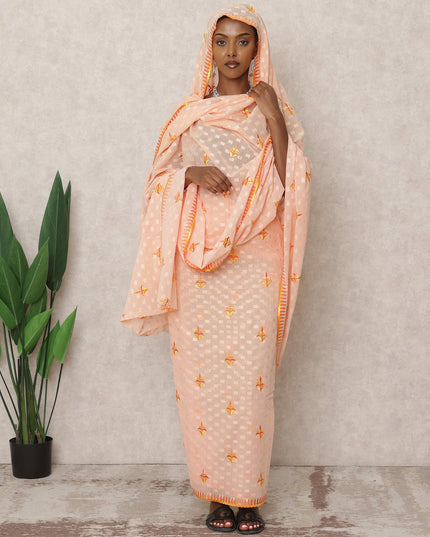 Peach Orange Traditional Sudanese Thobe with Yellow Floral Voile Embroidery, 4.5 Mtrs Piece, Pure Cotton Fabric, Width 140 Cms, Made in India-D24473
