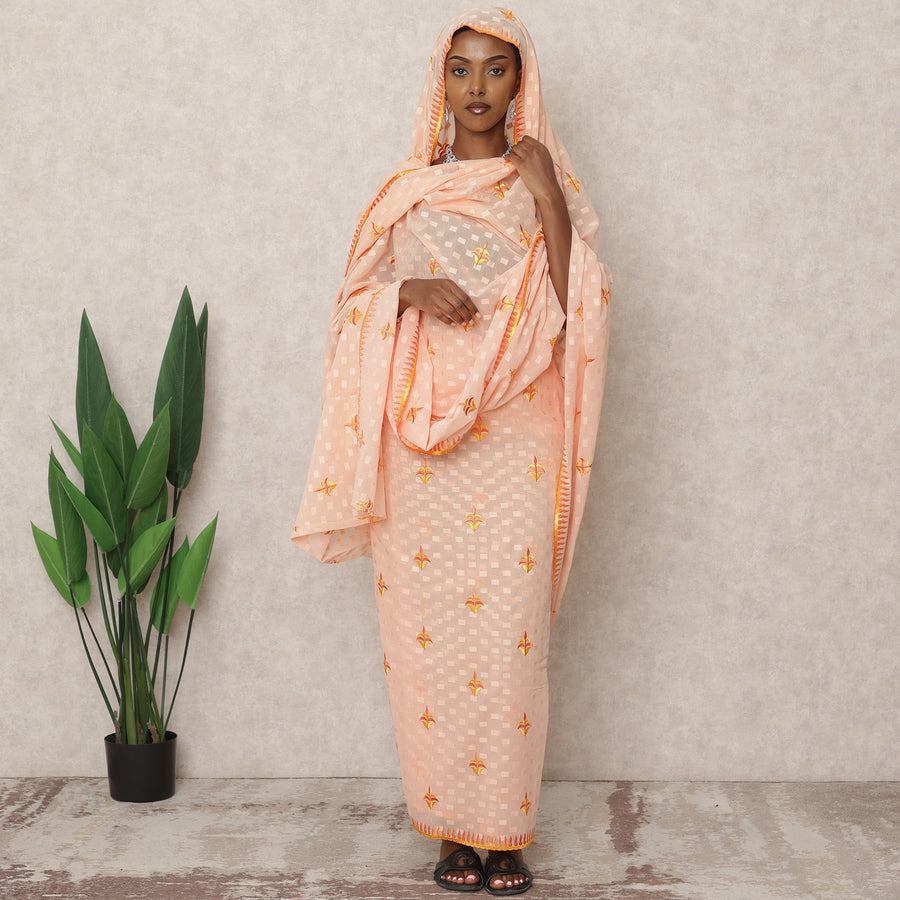 Peach Orange Traditional Sudanese Thobe with Yellow Floral Voile Embroidery, 4.5 Mtrs Piece, Pure Cotton Fabric, Width 140 Cms, Made in India-D24473
