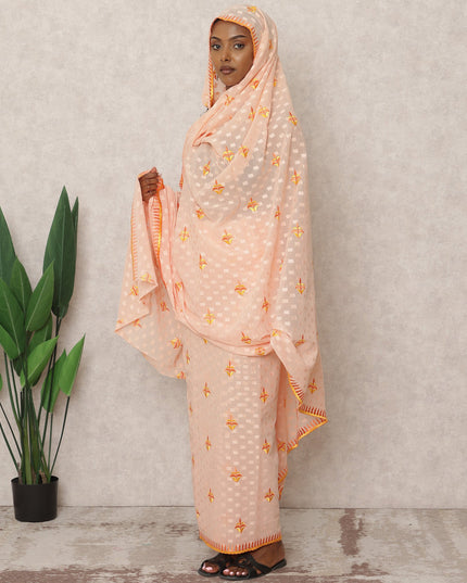 Peach Orange Traditional Sudanese Thobe with Yellow Floral Voile Embroidery, 4.5 Mtrs Piece, Pure Cotton Fabric, Width 140 Cms, Made in India-D24473