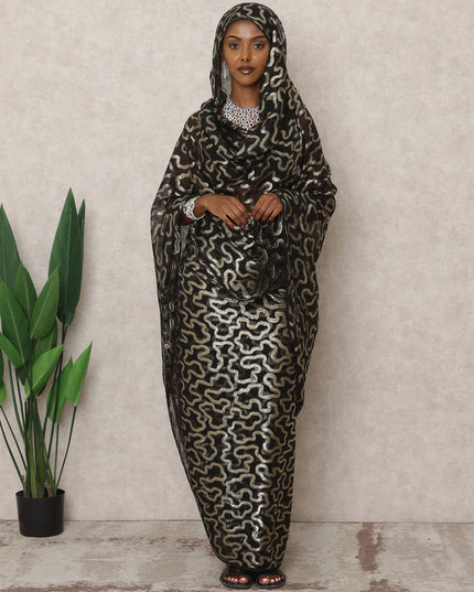 ثوب سوداني تقليدي فرنسي أسود، مصنوع من قماش شيفون حرير فرنسي خالص بطول 4.5 متر وقماش لوركس معدني، عرض 140 سم، صنع في فرنسا - D24486