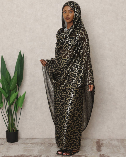 ثوب سوداني تقليدي فرنسي أسود، مصنوع من قماش شيفون حرير فرنسي خالص بطول 4.5 متر وقماش لوركس معدني، عرض 140 سم، صنع في فرنسا - D24486