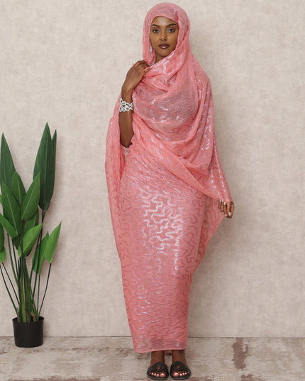 ثوب سوداني تقليدي فرنسي وردي اللون، مصنوع من قماش شيفون حرير فرنسي خالص بطول 4.5 متر وقماش لوركس معدني، عرض 140 سم، صنع في فرنسا - D24487