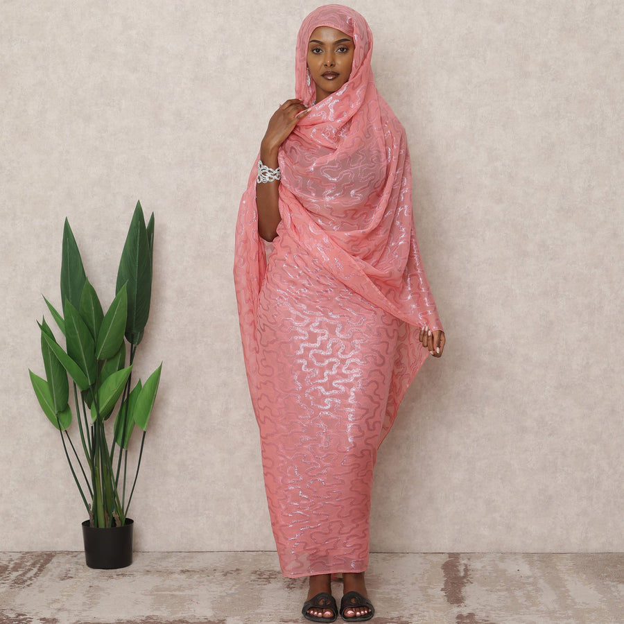 ثوب سوداني تقليدي فرنسي وردي اللون، مصنوع من قماش شيفون حرير فرنسي خالص بطول 4.5 متر وقماش لوركس معدني، عرض 140 سم، صنع في فرنسا - D24487