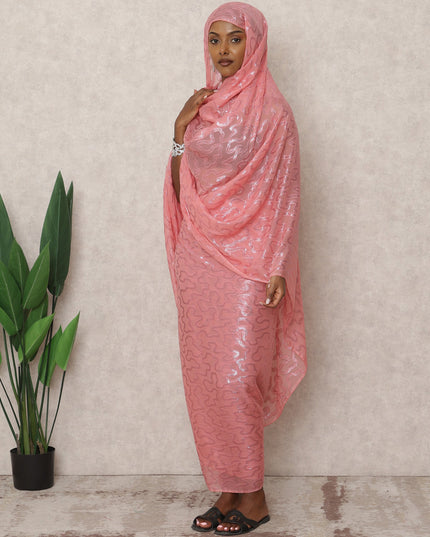 ثوب سوداني تقليدي فرنسي وردي اللون، مصنوع من قماش شيفون حرير فرنسي خالص بطول 4.5 متر وقماش لوركس معدني، عرض 140 سم، صنع في فرنسا - D24487