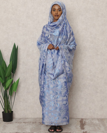 ثوب سوداني تقليدي فرنسي أزرق لافندر، مصنوع من قماش شيفون حرير فرنسي خالص بطول 4.5 متر وقماش لوركس معدني، عرض 140 سم، صنع في فرنسا - D24490