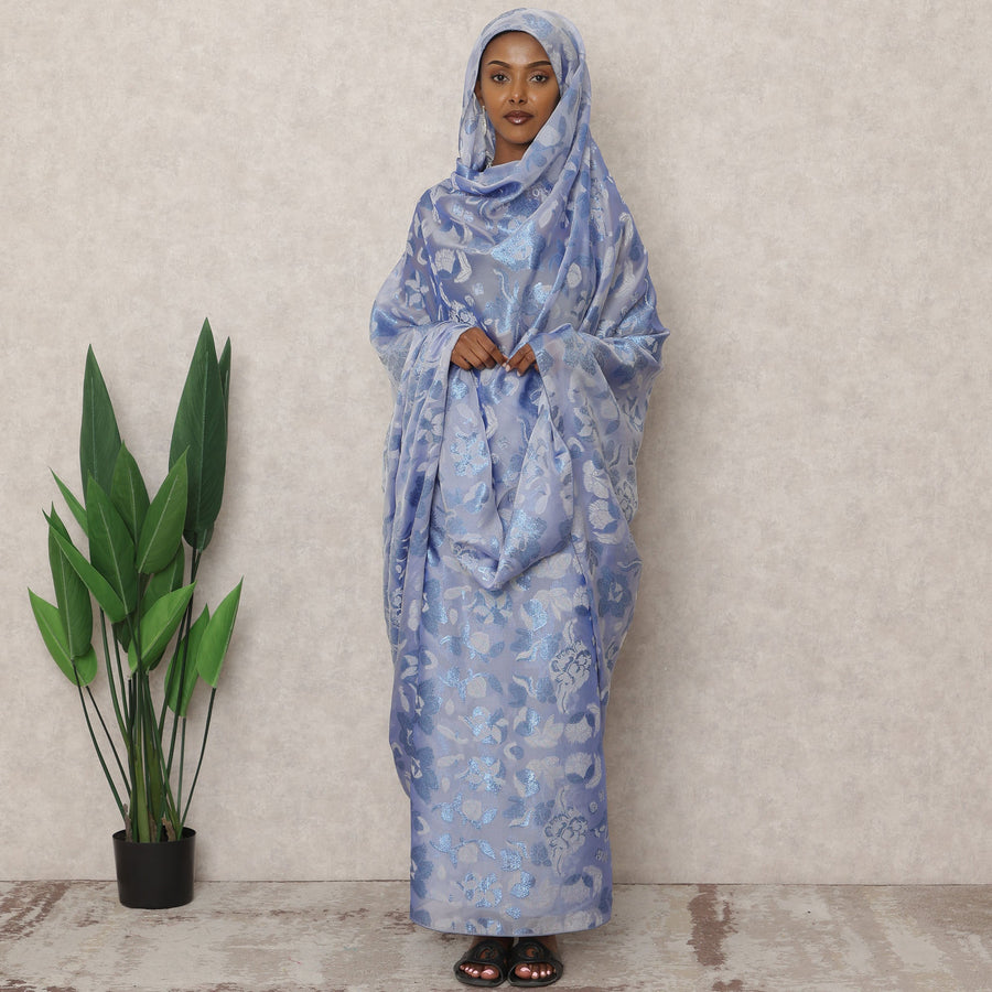 ثوب سوداني تقليدي فرنسي أزرق لافندر، مصنوع من قماش شيفون حرير فرنسي خالص بطول 4.5 متر وقماش لوركس معدني، عرض 140 سم، صنع في فرنسا - D24490