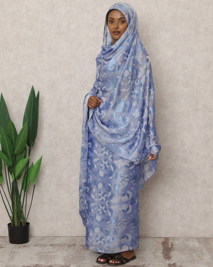 ثوب سوداني تقليدي فرنسي أزرق لافندر، مصنوع من قماش شيفون حرير فرنسي خالص بطول 4.5 متر وقماش لوركس معدني، عرض 140 سم، صنع في فرنسا - D24490