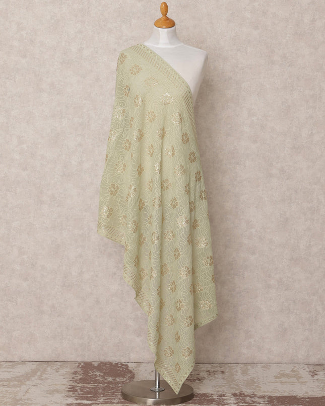 Light Green Floral Embroidered Sequin Work Synthetic Georgette Dupatta, Size 210X90 Cms, India-D24832