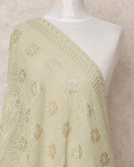 Light Green Floral Embroidered Sequin Work Synthetic Georgette Dupatta, Size 210X90 Cms, India-D24832