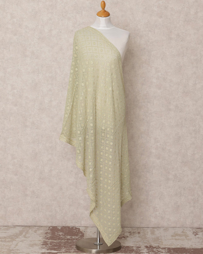 Light Green Geometric Floral Embroidered Sequin Work Synthetic Georgette Dupatta, Size 210X90 Cms, India-D24833