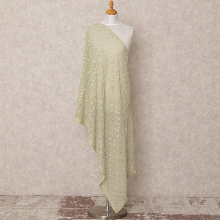 Light Green Geometric Floral Embroidered Sequin Work Synthetic Georgette Dupatta, Size 210X90 Cms, India-D24833