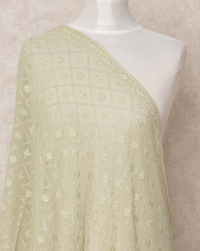 Light Green Geometric Floral Embroidered Sequin Work Synthetic Georgette Dupatta, Size 210X90 Cms, India-D24833