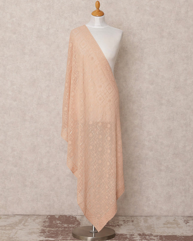 Peach Geometric Embroidered Sequin Synthetic Georgette Dupatta, Size 210X90 Cms, India-D24835