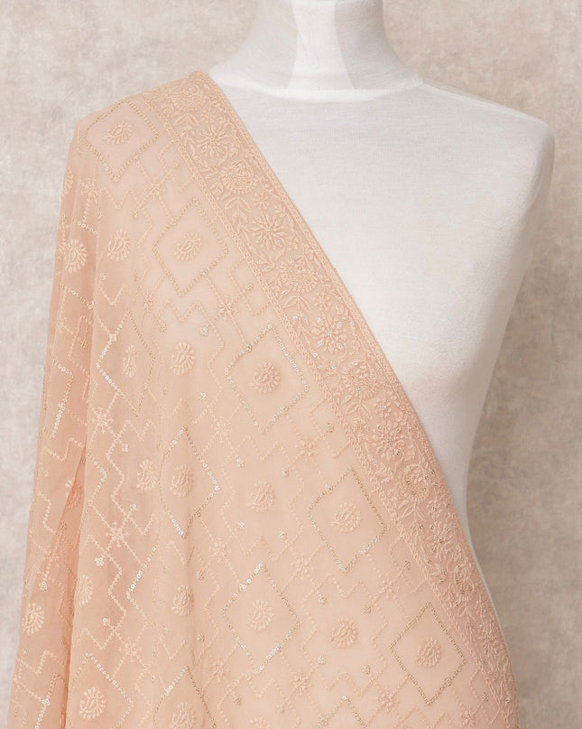 Peach Geometric Embroidered Sequin Synthetic Georgette Dupatta, Size 210X90 Cms, India-D24835