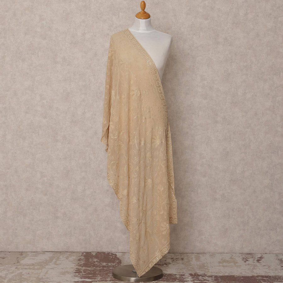 Beige Floral Embroidered Synthetic Georgette Dupatta, Size 210X90 Cms, India-D24838