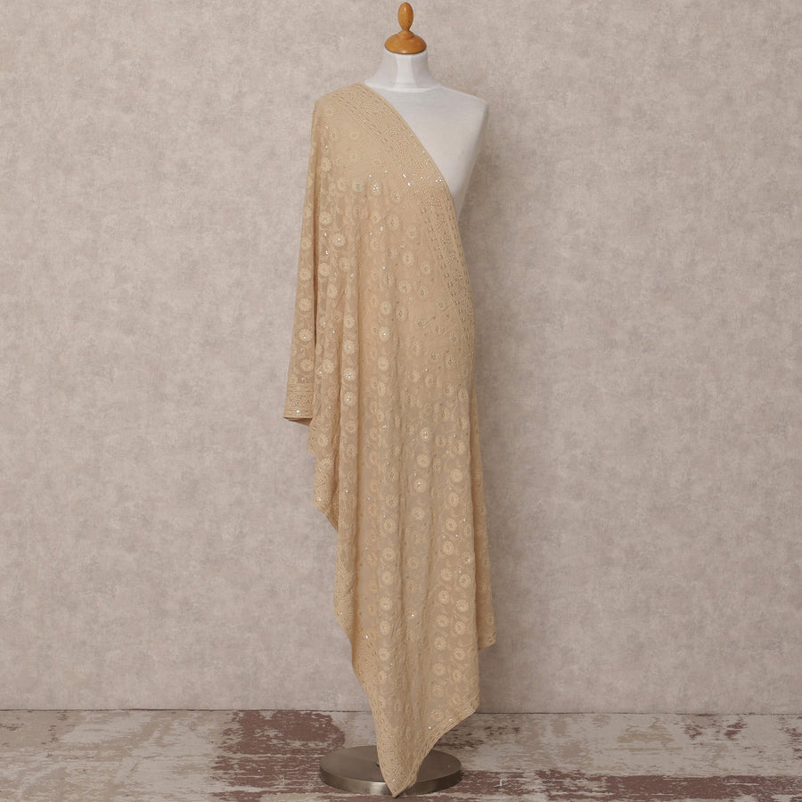 دوباتا جورجيت صناعي مطرزة بالورود باللون البيج مع تفاصيل الترتر، مقاس 210×90 سم، الهند - D24839