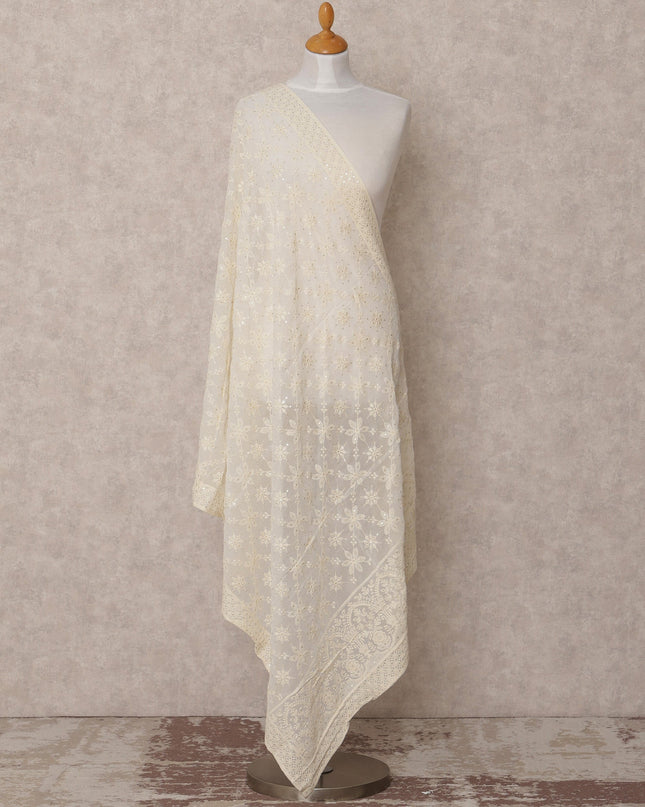 Off White Floral Embroidered Synthetic Georgette Dupatta with Sequin Accents, Size 210X90 Cms, India-D24841
