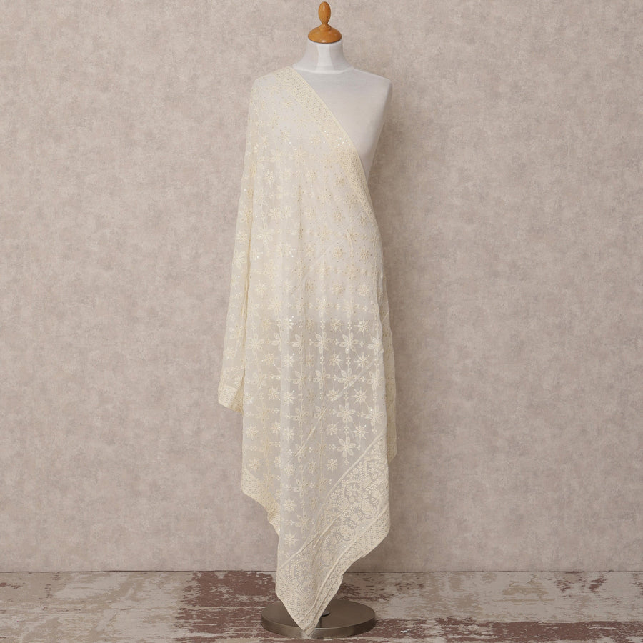 دوباتا جورجيت صناعي مطرزة بالورود باللون الأبيض العاجي مع لمسات من الترتر، مقاس 210×90 سم، الهند - D24841