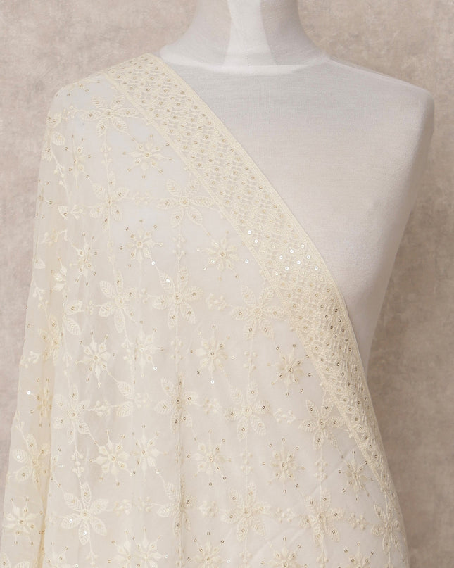 Off White Floral Embroidered Synthetic Georgette Dupatta with Sequin Accents, Size 210X90 Cms, India-D24841