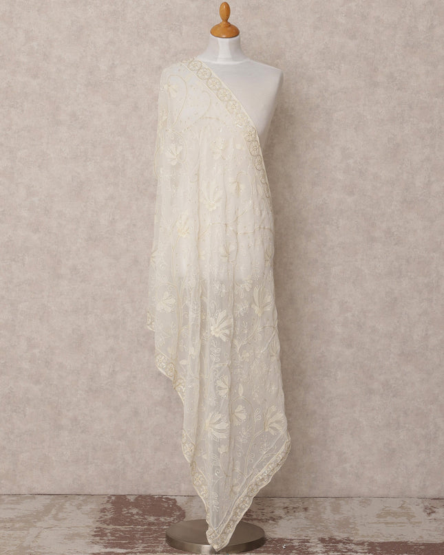 Off White Floral Embroidered Synthetic Georgette Dupatta with Sequin Detailing, Size 210X90 Cms, India-D24842