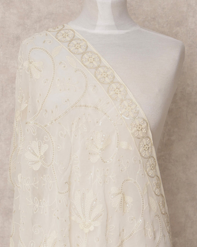 Off White Floral Embroidered Synthetic Georgette Dupatta with Sequin Detailing, Size 210X90 Cms, India-D24842