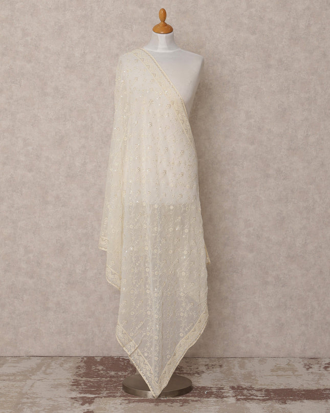 دوباتا جورجيت صناعي مطرزة بالورود باللون الكريمي مع لمسات من الترتر، مقاس 210×90 سم، الهند - D24843