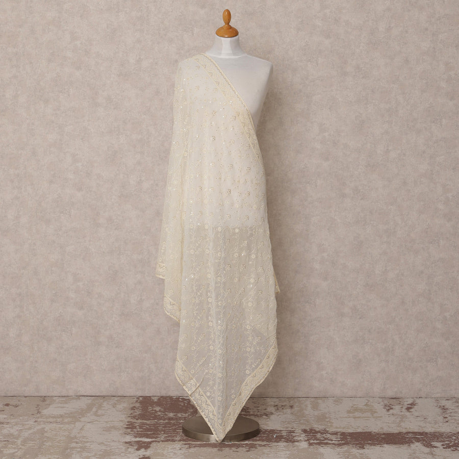 دوباتا جورجيت صناعي مطرزة بالورود باللون الكريمي مع لمسات من الترتر، مقاس 210×90 سم، الهند - D24843