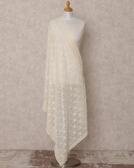 دوباتا جورجيت صناعي مطرزة بالورود باللون الأبيض العاجي مع تطريز بالترتر، مقاس 210×90 سم، الهند - D24845