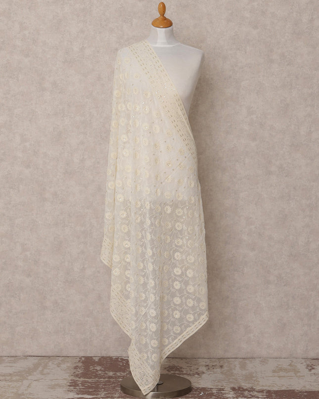 Off White Floral Embroidered Synthetic Georgette Dupatta with Sequin Work, Size 210X90 Cms, India-D24845