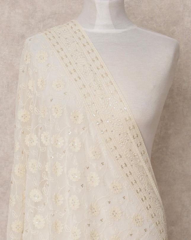 Off White Floral Embroidered Synthetic Georgette Dupatta with Sequin Work, Size 210X90 Cms, India-D24845