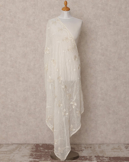 Off White Leaf Embroidered Synthetic Georgette Dupatta with Pearl Border, Size 210X90 Cms, India-D24846