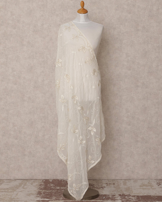 Off White Leaf Embroidered Synthetic Georgette Dupatta with Pearl Border, Size 210X90 Cms, India-D24846
