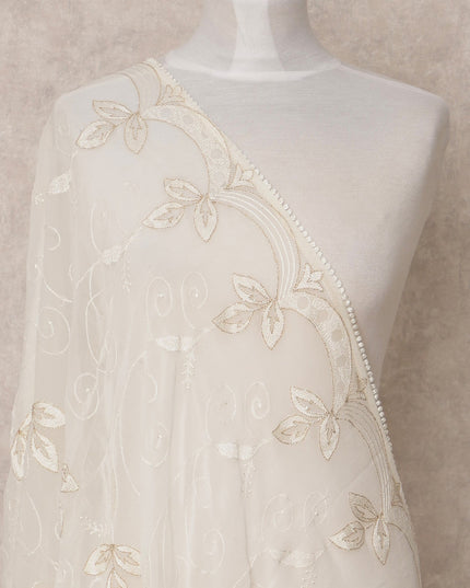 Off White Leaf Embroidered Synthetic Georgette Dupatta with Pearl Border, Size 210X90 Cms, India-D24846
