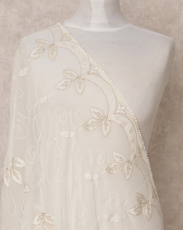 Off White Leaf Embroidered Synthetic Georgette Dupatta with Pearl Border, Size 210X90 Cms, India-D24846