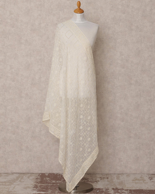 Off White Geometric Embroidered Synthetic Georgette Dupatta with Floral Border, Size 210X90 Cms, India-D24847 Regal Fabrics