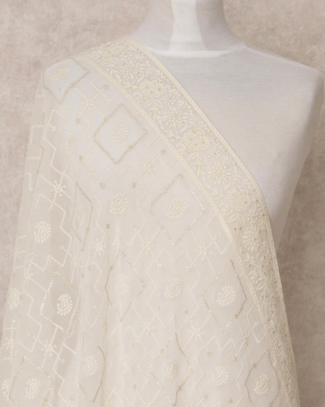 Off White Geometric Embroidered Synthetic Georgette Dupatta with Floral Border, Size 210X90 Cms, India-D24847 Regal Fabrics