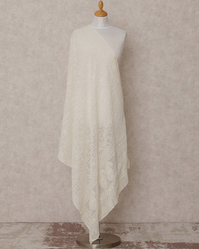 Off White All Over Floral Embroidered Synthetic Georgette Dupatta with Sequins, Size 210X90 Cms, India-D24848