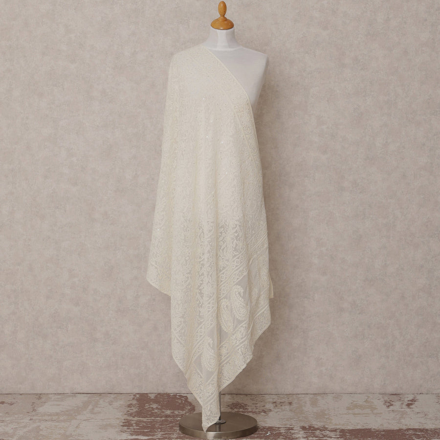 Off White All Over Floral Embroidered Synthetic Georgette Dupatta with Sequins, Size 210X90 Cms, India-D24848