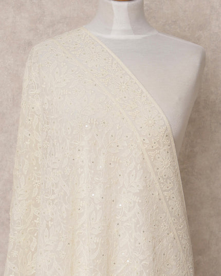 Off White All Over Floral Embroidered Synthetic Georgette Dupatta with Sequins, Size 210X90 Cms, India-D24848