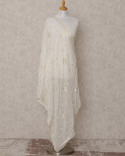 Off White Floral Motif Embroidered Synthetic Georgette Dupatta with Sequins, Size 210X90 Cms, India-D24849