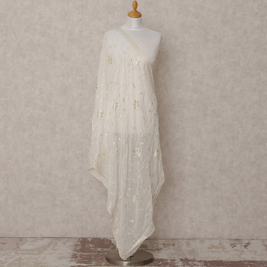 Off White Floral Motif Embroidered Synthetic Georgette Dupatta with Sequins, Size 210X90 Cms, India-D24849